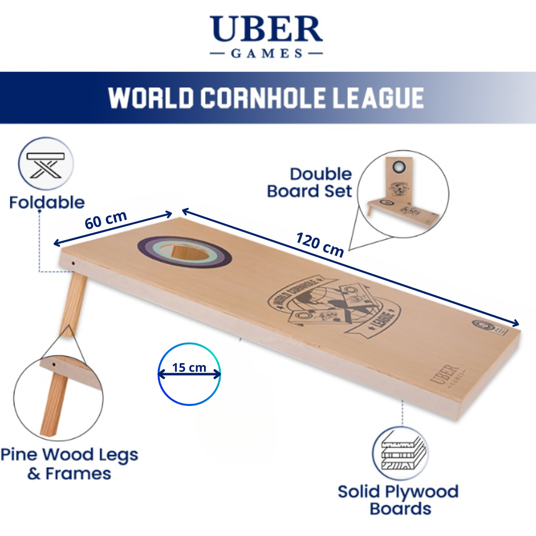 World Cornhole League – 120 x 60 cm großes Doppelbrett-Set - 100% Holz - 16 super Bean Bags - Profi
