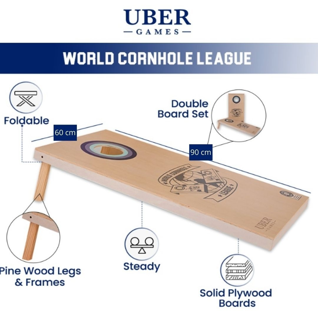 World Cornhole League – 90x60 cm großes Doppelbrett-Set - 100% Holz - 16 super Bean Bags - Profi
