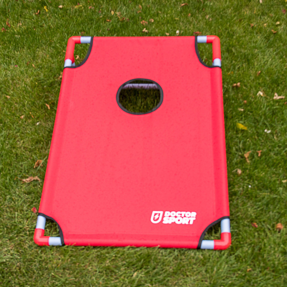 Doppel-CORNHOLE-Set Blau-Rot in Trage-Tasche - komplett für Strand Rasen Spielplatz oder Garten