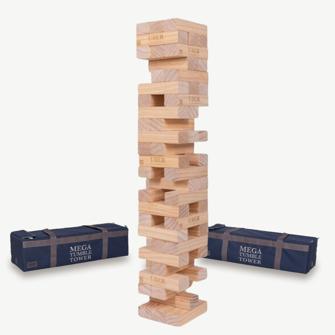 Stapelturmspiel – Taktisches Spiel – Mega - 35 kg - Bis zu 200 cm hoch – Eco-Holz-Top-Qualität – Entworfen in England – In stabiler Tragetasche