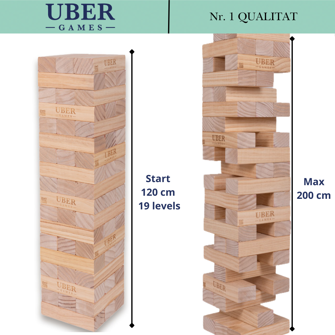 Stapelturmspiel – Taktisches Spiel – XL Mega - 35 kg - Bis zu 200 cm hoch – Eco-Holz-Top-Qualität – Entworfen in England – In stabiler Tragetasche