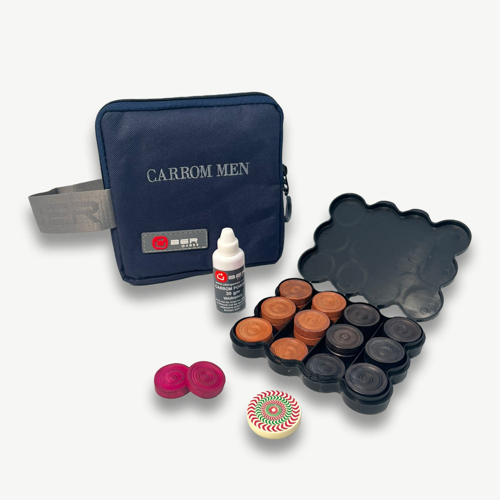 Carrom Coin Set - Komplett - 1 Striker - 24 Spielsteine - 30 g Pulver - 1 Tasche/Plastic