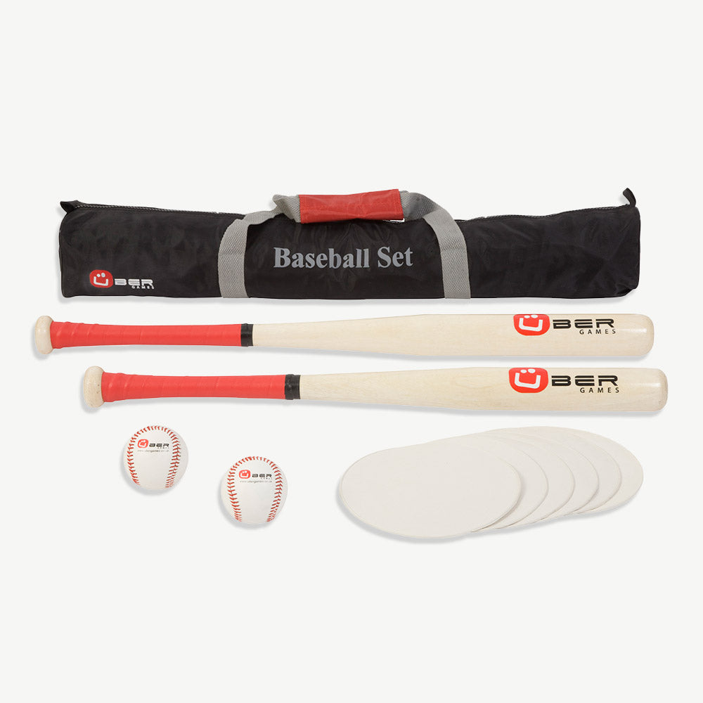 Baseball Set - ECO Indien Hartholz in Tasche - Spielfertig - Holz Baseballschläger mit Gummigriff - 2x Ball - 6x Gummimatte