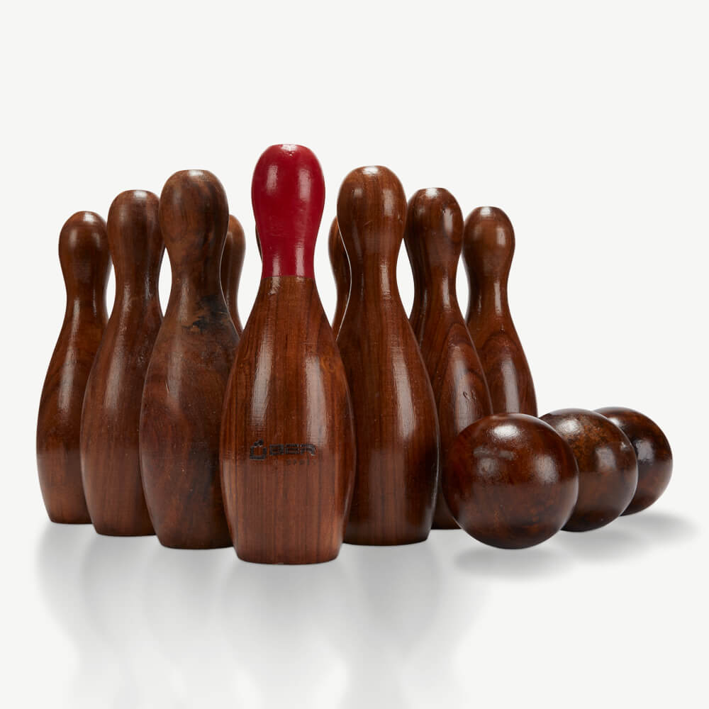 Rosenholz hölzernes Kegel Set - Bowling - In Luxus Tasche - Superluxus - 3 Bälle