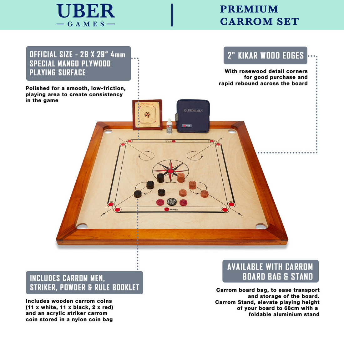 Carrom Board Set - Komplettes Spiel - 7 KG - 74 x 74cm - ECO Hartholz Indien hergestellt