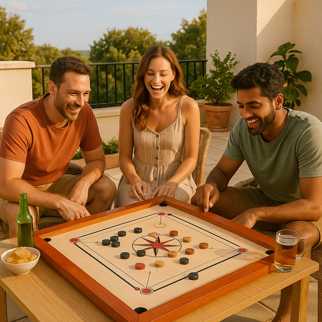 Drei lachende Freunde spielen Carrom auf einem Holz-Carrom-Board auf einer sonnigen Terrasse. Links sitzt ein Mann mit einem Bier und Chips, in der Mitte eine Frau, und rechts ein Mann mit einem Bierglas.