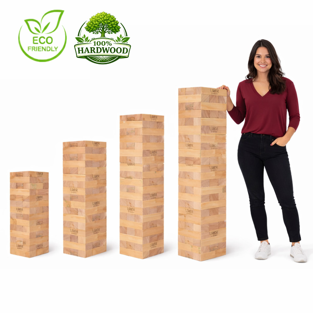 Einzigartig:  XL Hartholz Stapelturm Spiel – FSC Holz – 120–260 cm mit Canvas Tragetasche