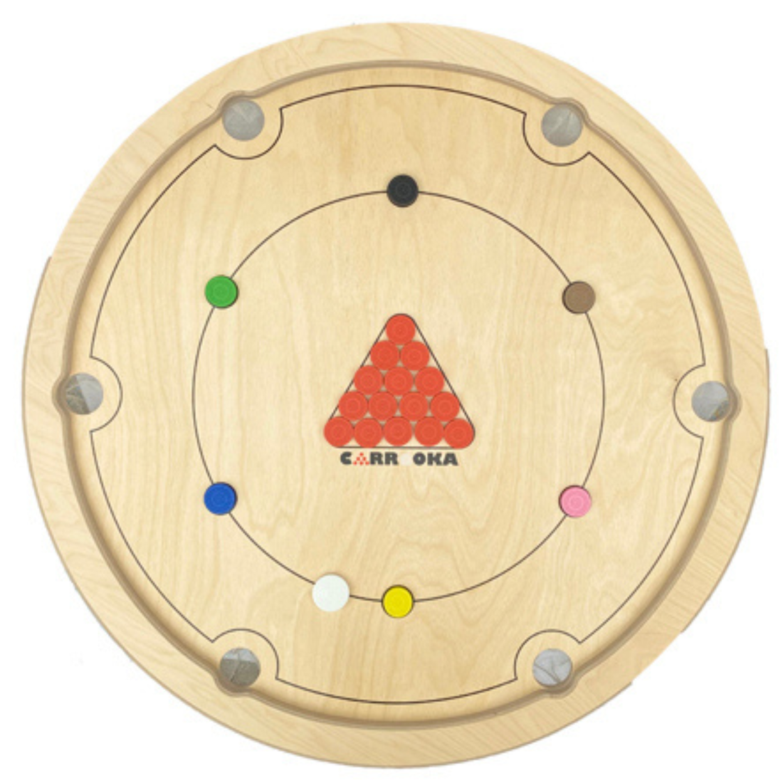 Draufsicht auf das Carrooka Natural Drehbrett mit 15 roten Spielsteinen im Dreieck, sechs Farbsteinen und weißem Striker