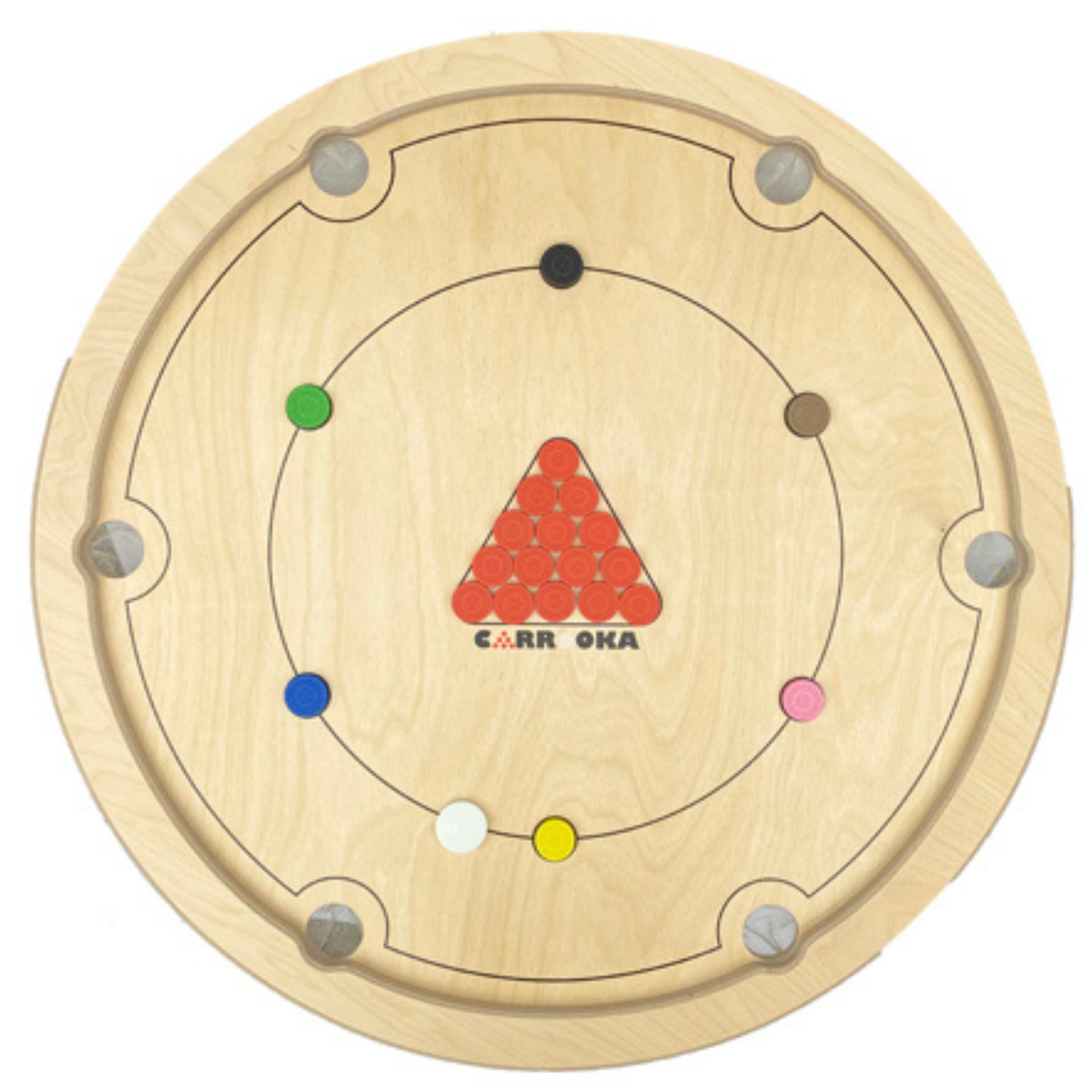 Draufsicht auf das Carrooka Natural Drehbrett mit 15 roten Spielsteinen im Dreieck, sechs Farbsteinen und weißem Striker