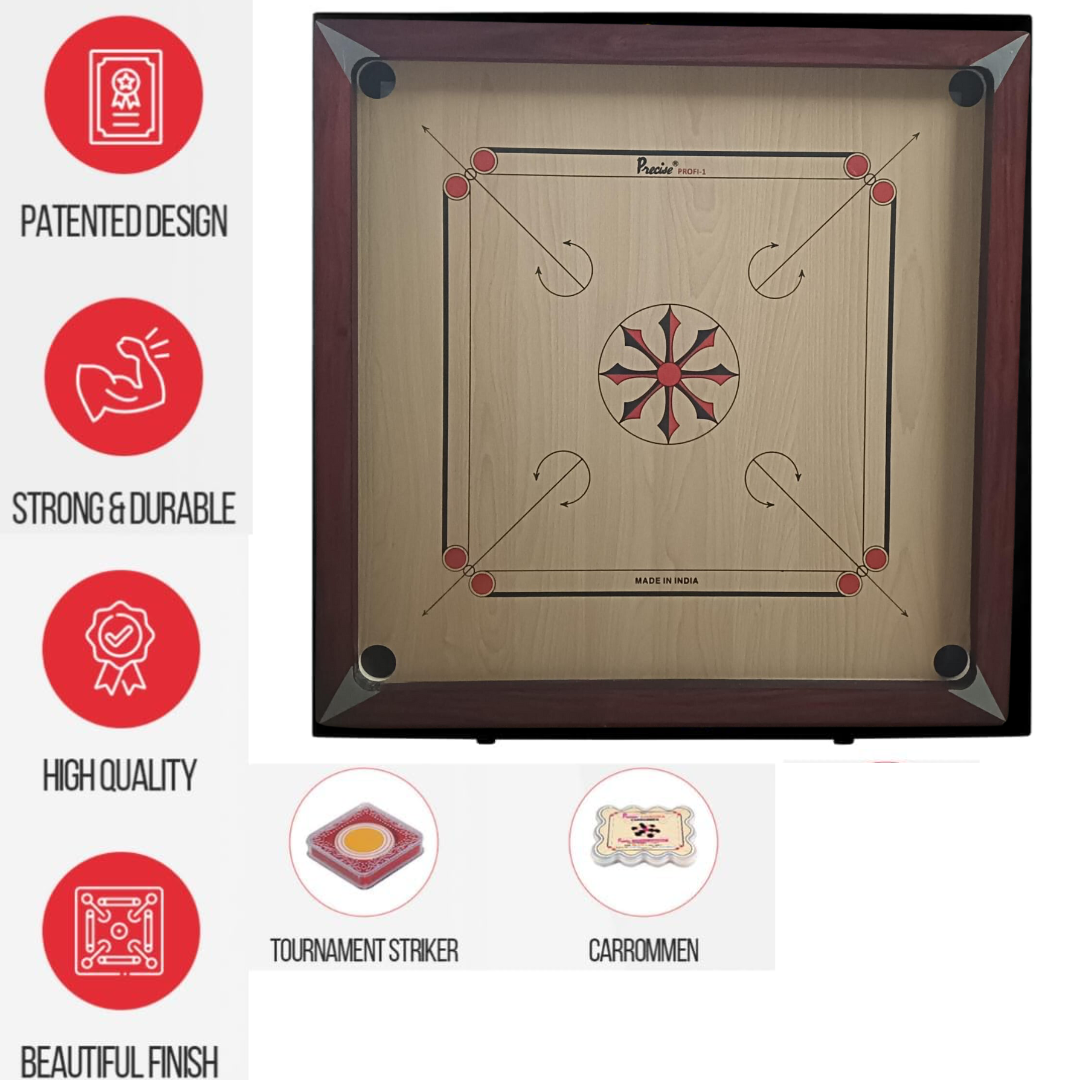 Precise Prof-1 - 9 mm Carrom Board - inklusive Striker und Steinen und schönem Tragekoffer