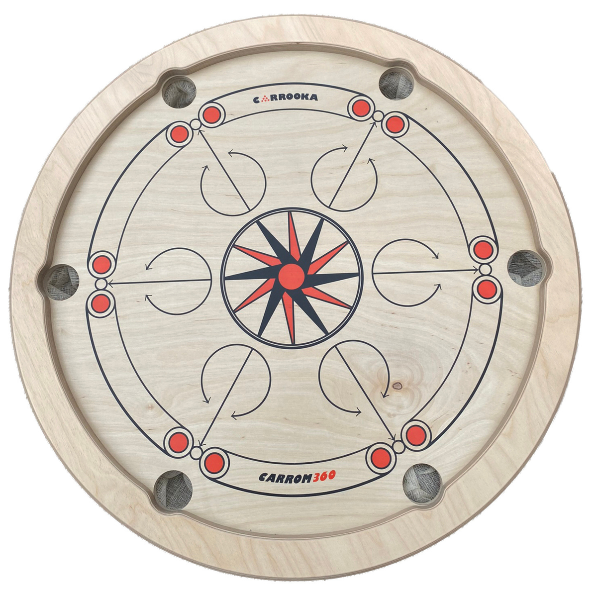 Draufsicht auf das leere Carrooka Carrom360 Drehbrett mit Stern in der Mitte und sechs Taschen