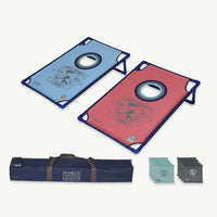 Doppel-CORNHOLE-Set Blau-Rot in Trage-Tasche - komplett für Strand Rasen Spielplatz oder Garten