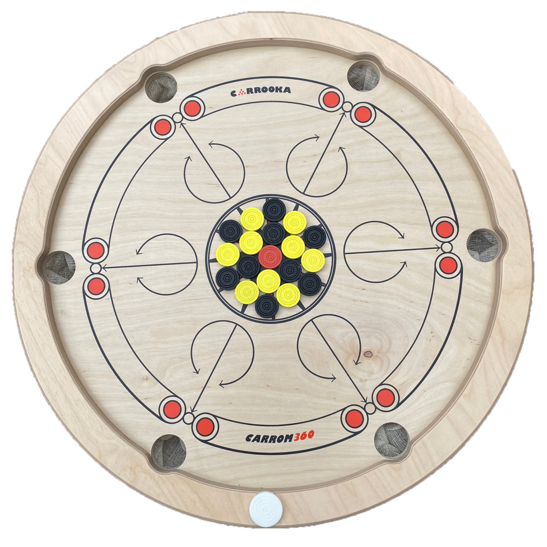 Draufsicht auf das Carrooka Carrom360 Drehbrett mit gelben und schwarzen Spielsteinen rund um die rote Queen und weißem Striker