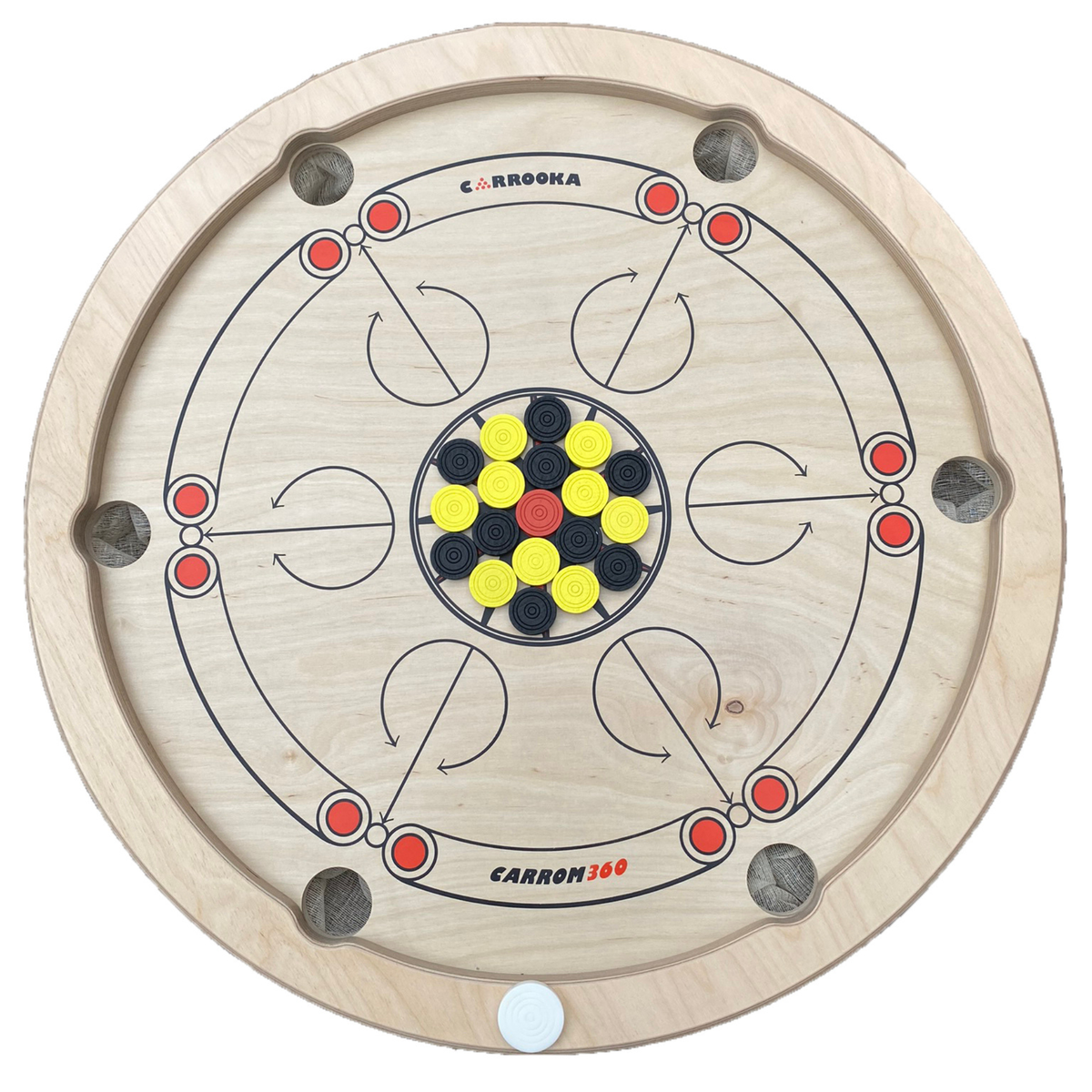 Draufsicht auf das Carrooka Carrom360 Drehbrett mit gelben und schwarzen Spielsteinen rund um die rote Queen und weißem Striker