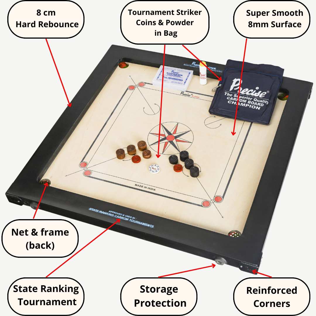 Precise Champion Profi Carrom - Ama-12 mm - 16 kg.  Turnier Brett - Indien - Komplett