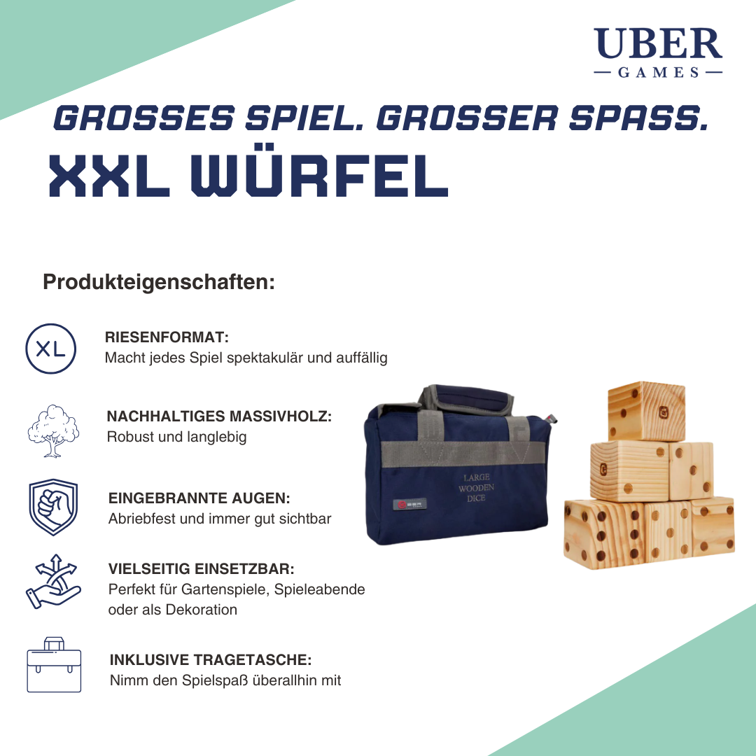 Ubergames Holz-Würfel – 6 Stück – 9 cm / 15 cm / 21 cm – Eco-Holz + Luxus-Tragetasche