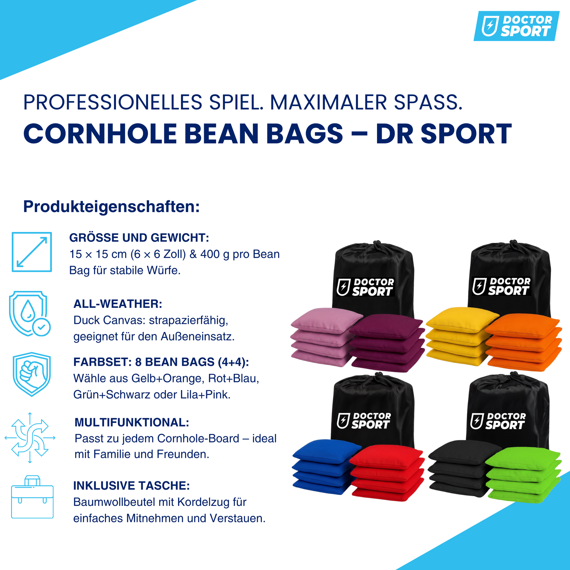 DOCTOR Sport Cornhole Bean Bags 8er Set (4+4) – 15x15 cm – 400 g – All-Weather – Tasche
