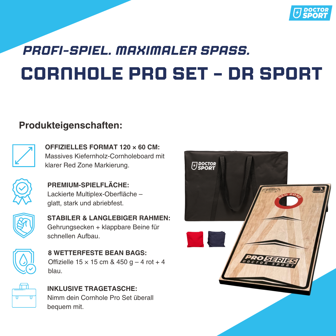 Profi Cornhole Pro Series - 120 x 60cm Set mit 8 Bean Bags und Tragetasche - Red Zone - Superspiel