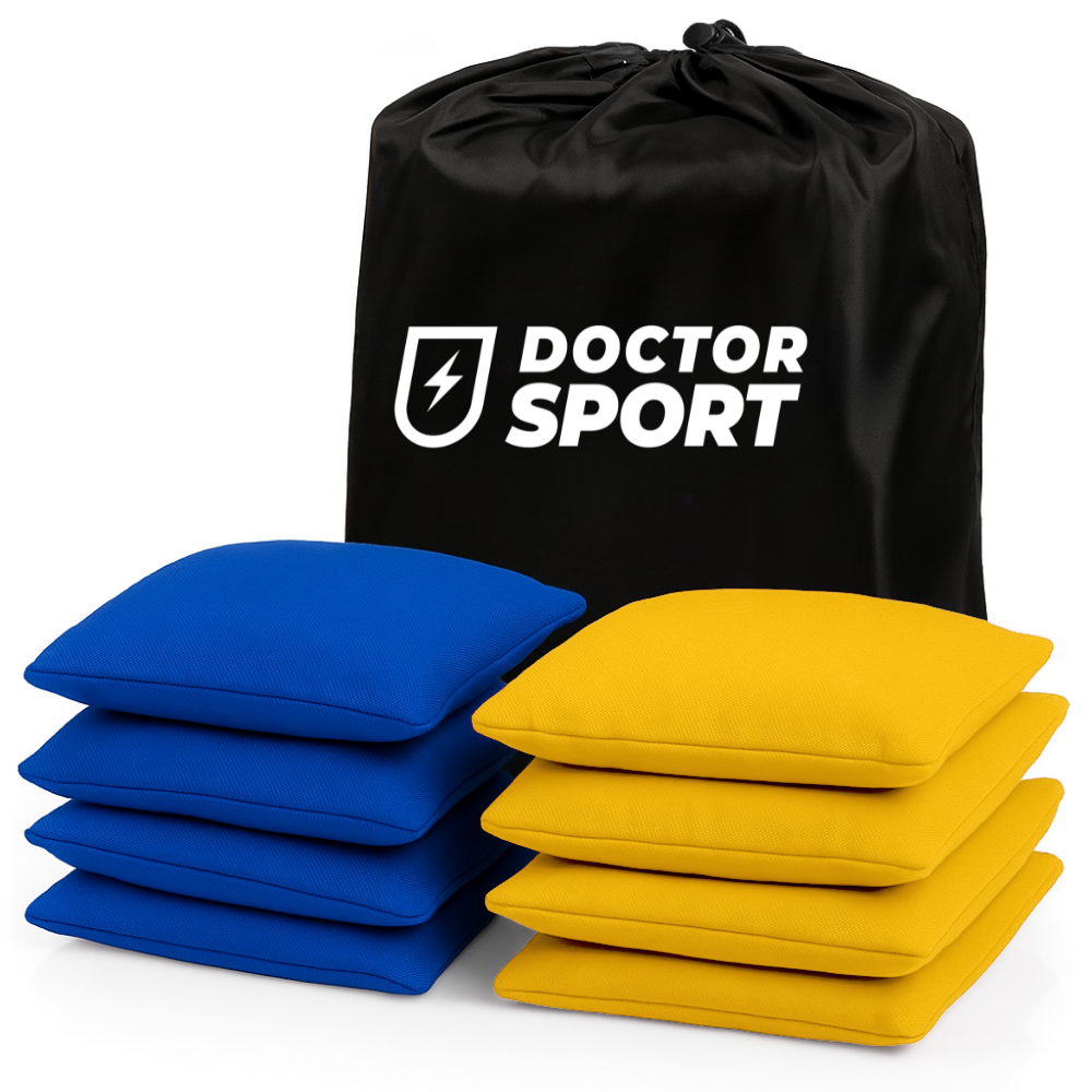 8 DOCTOR Sport Cornhole Bean Bags, 4 Blau und 4 Gelb, mit schwarzem Beutel vor weißem Hintergrund (DS-BB-YB)