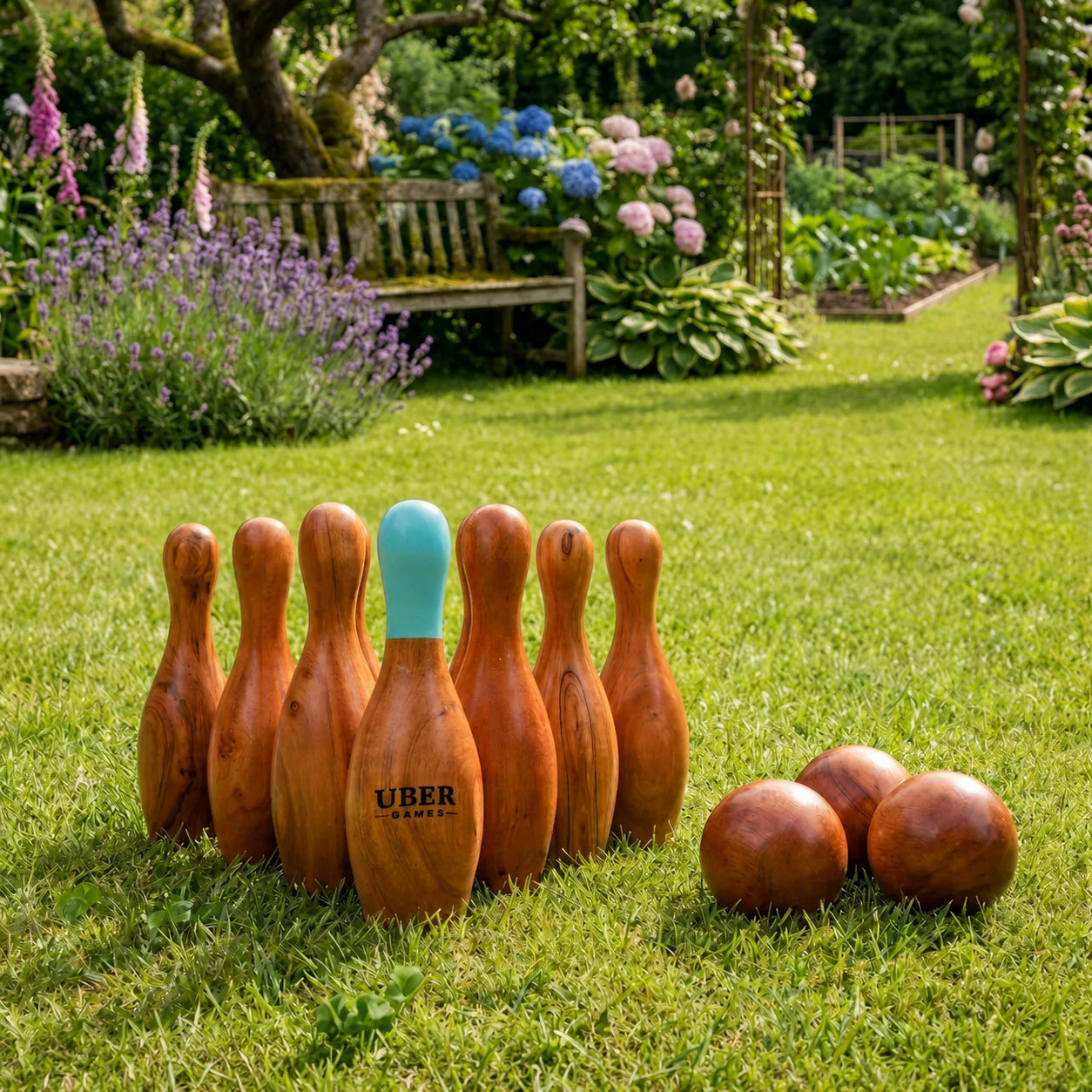 Uber hölzernes Kegel Set/Bowling- ECO Indien Hartholz in stabiler Transporttasche