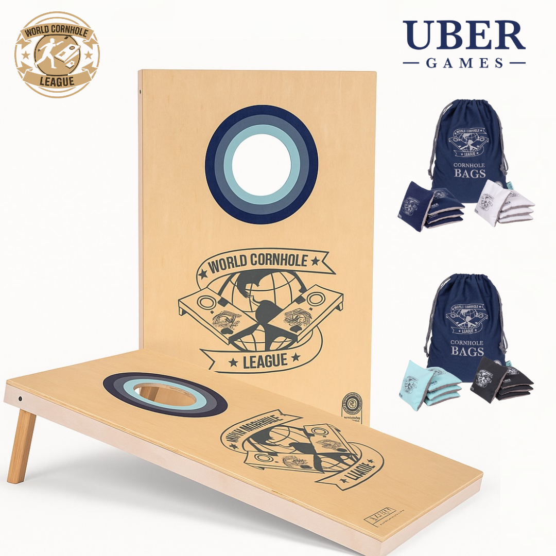 World Cornhole League – 90x60 cm großes Doppelbrett-Set - 100% Holz - 16 super Bean Bags - Profi