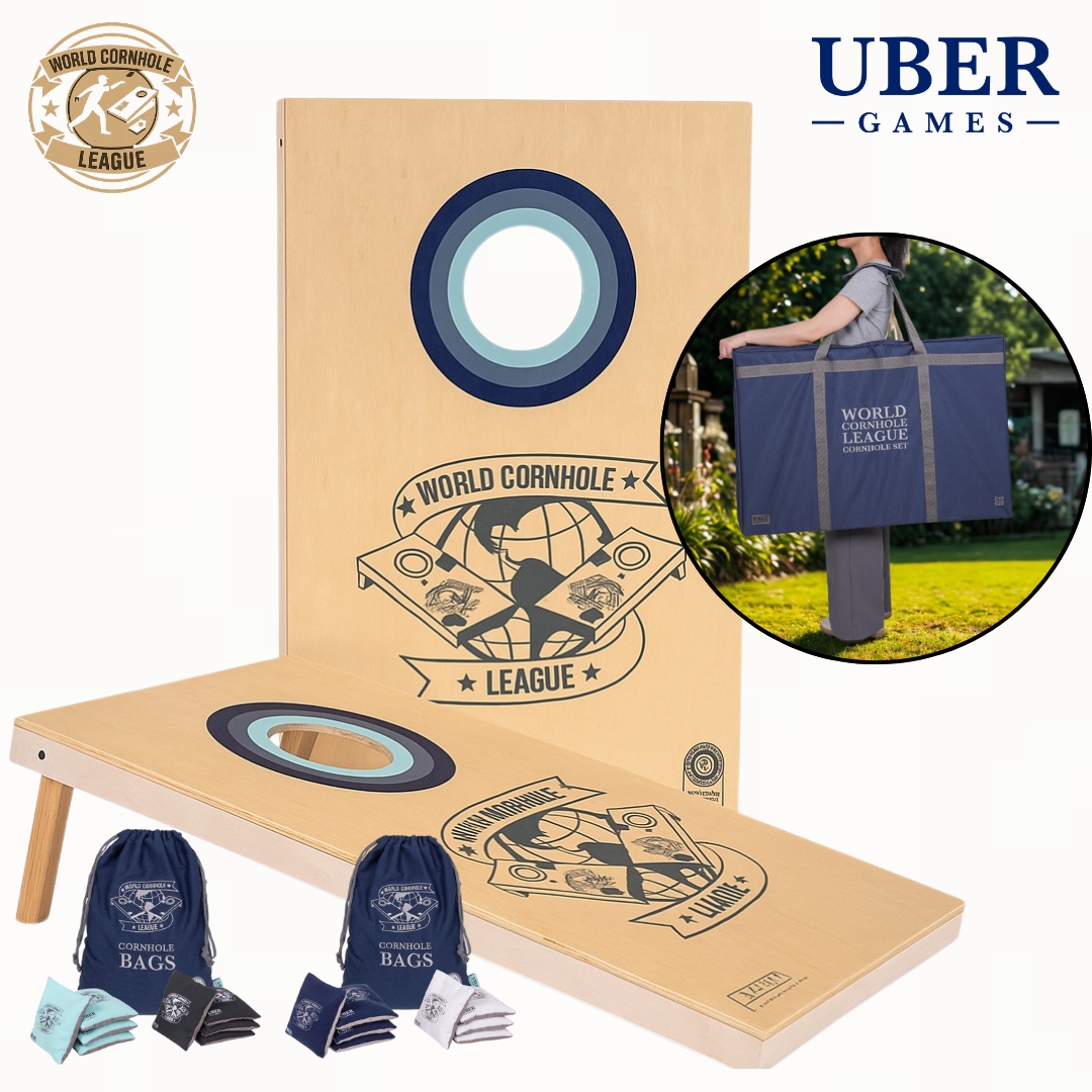 World Cornhole League – 90x60 cm großes Doppelbrett-Set - 100% Holz - 16 super Bean Bags - Profi