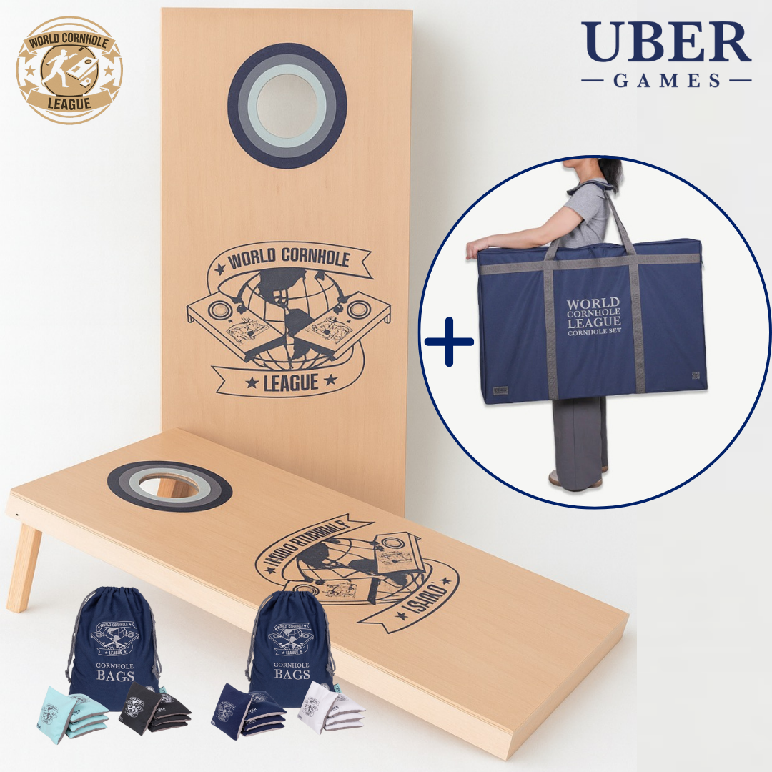 World Cornhole League – 120 x 60 cm großes Doppelbrett-Set - 100% Holz - 16 super Bean Bags - Profi