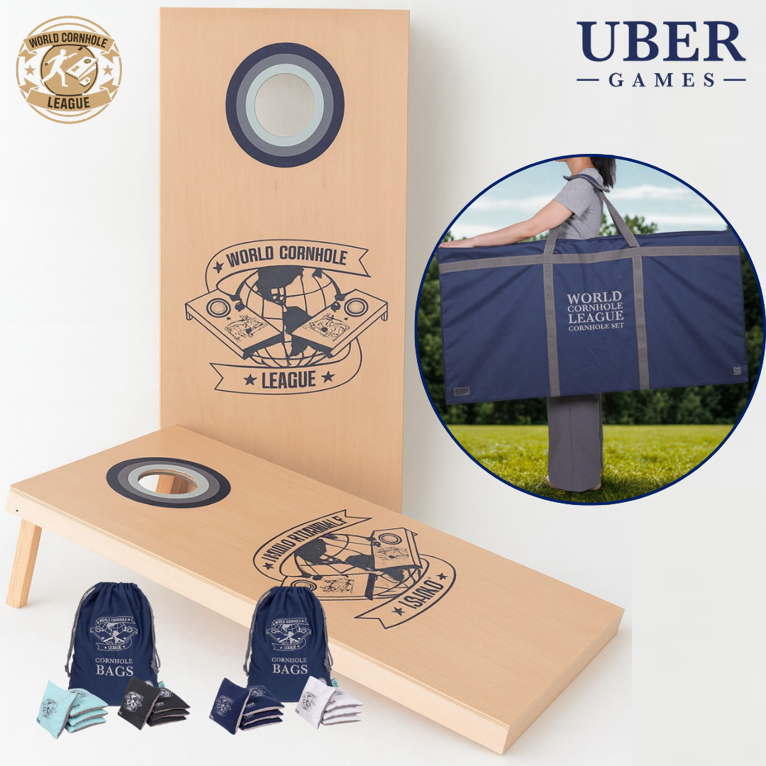 World Cornhole League – 120 x 60 cm großes Doppelbrett-Set - 100% Holz - 16 super Bean Bags - Profi