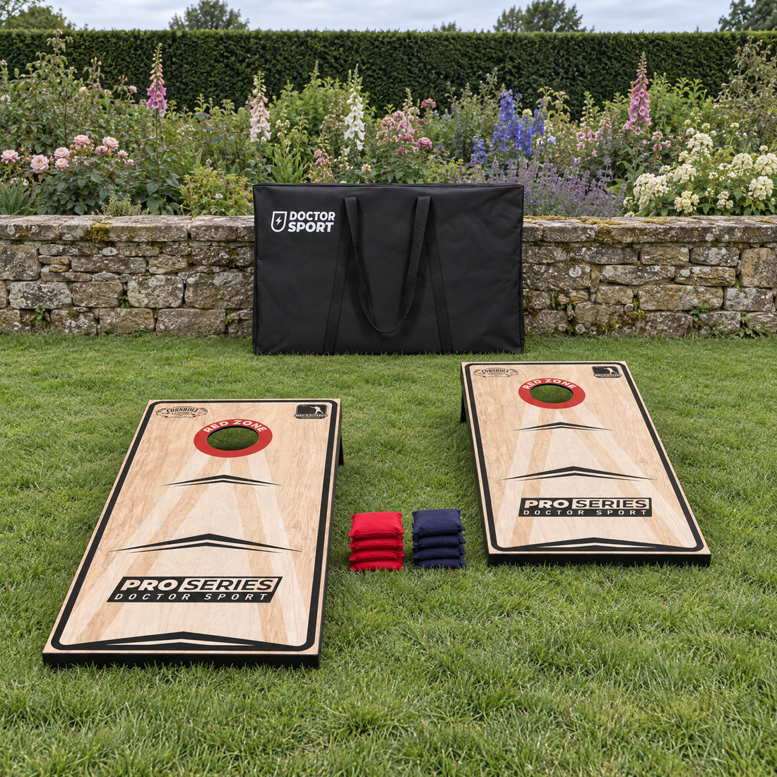 DOCTOR SPORT Cornhole Pro Set 120x60 cm mit 2 Boards, 4 roten und 4 blauen Bean Bags und Tragetasche im Garten (DS-596)
