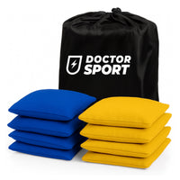 8 DOCTOR Sport Cornhole Bean Bags, 4 Blau und 4 Gelb, mit schwarzem Beutel vor weißem Hintergrund (DS-BB-YB)