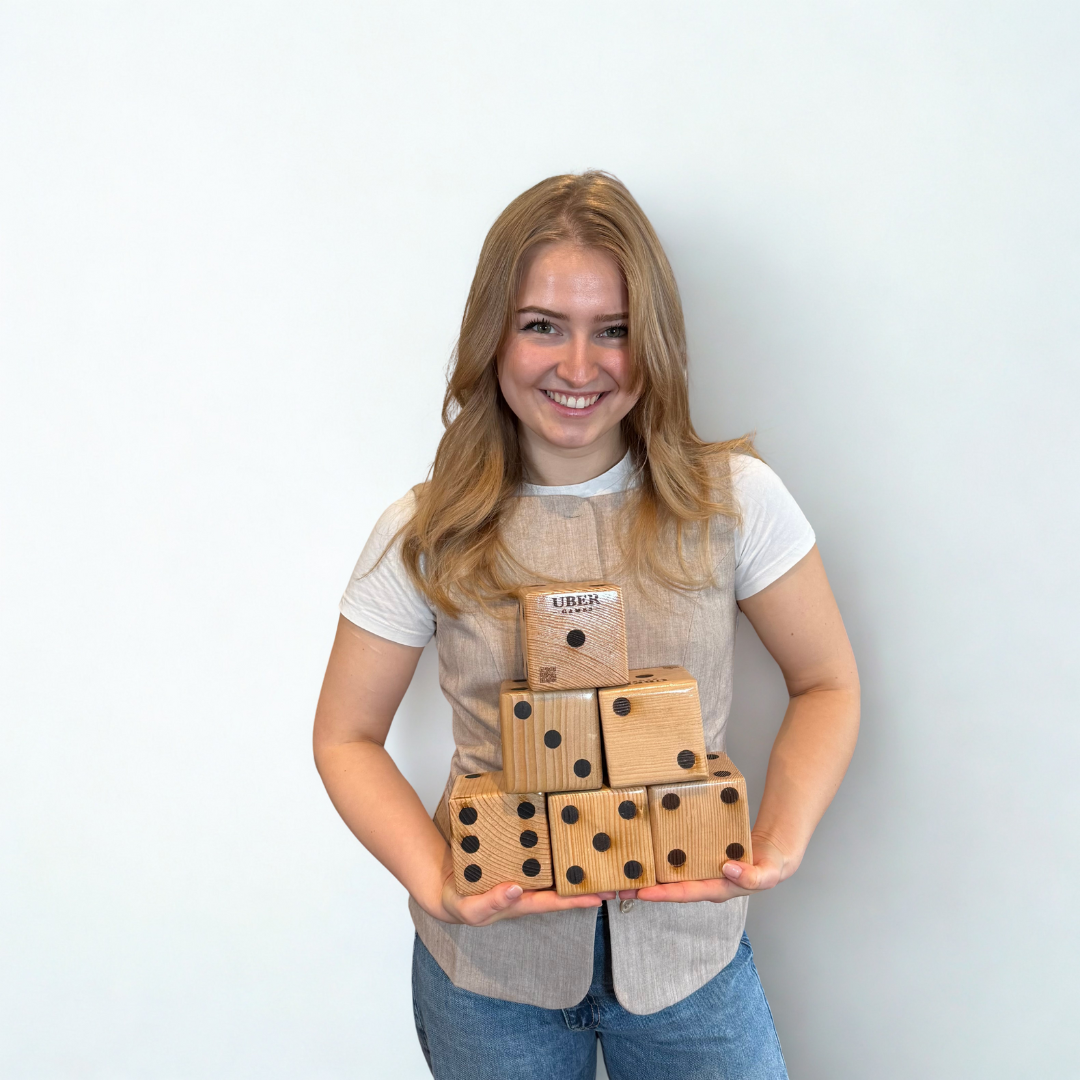 Ubergames Holz-Würfel – 6 Stück – 9 cm / 15 cm / 21 cm – Eco-Holz + Luxus-Tragetasche