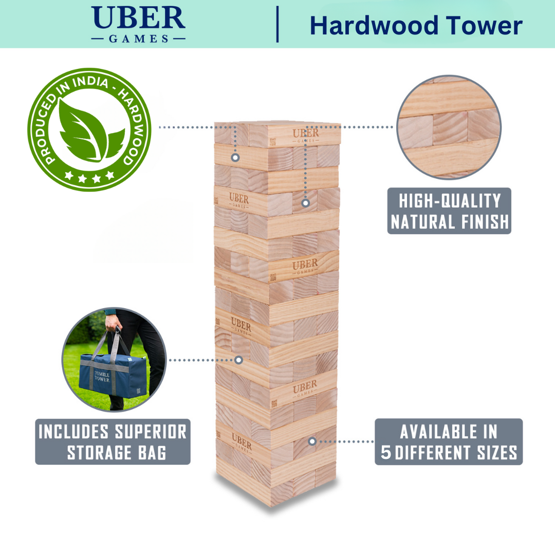 Stapelturmspiel - Blockspiel aus Hartholz - 55 KG - bis zu 250+ cm hoch - ECO Made in India - In Luxus-Tragetasche