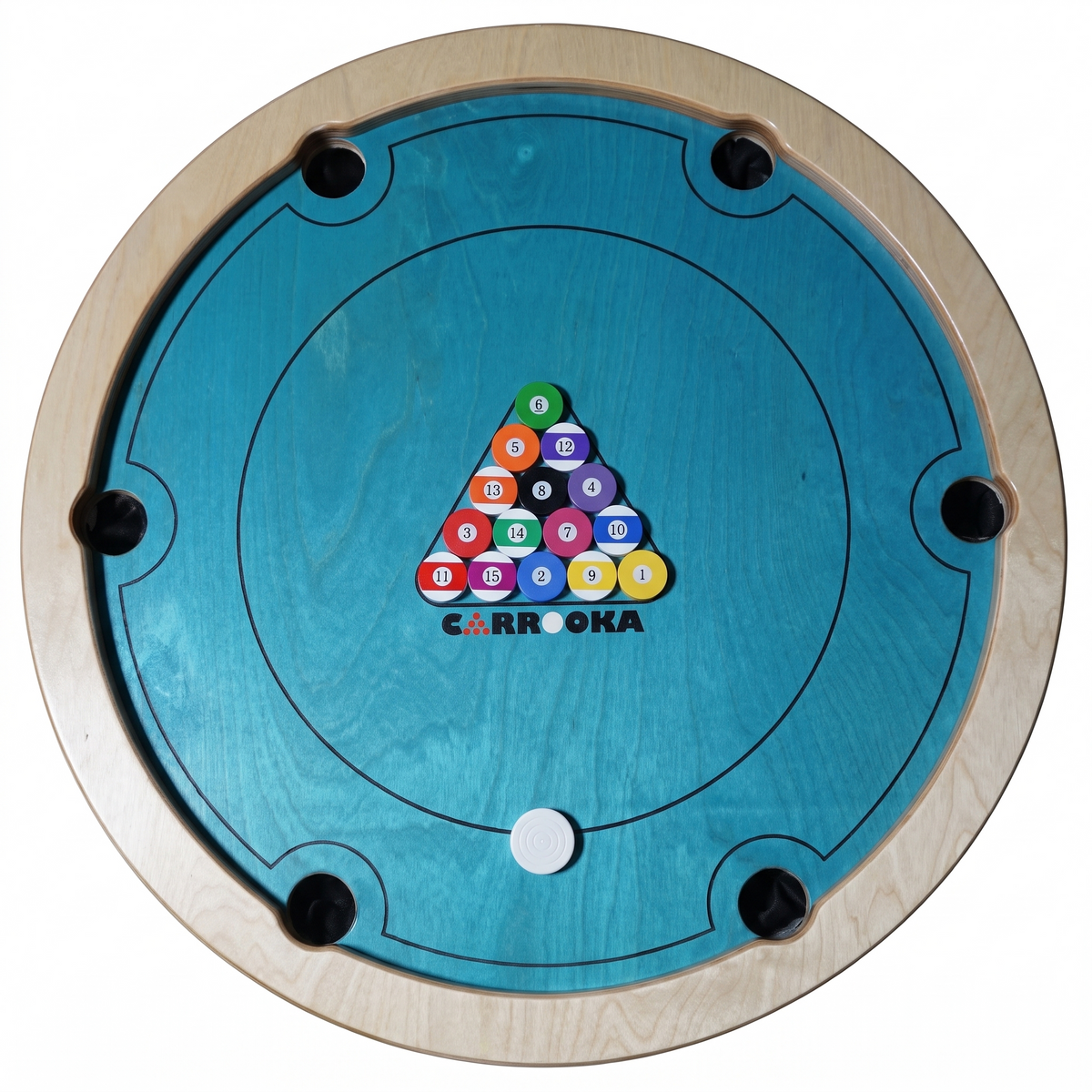 Carrooka Pool 8 Blue Drehbrett in der Draufsicht mit Poolkugel-Spielsteinen im Dreieck
