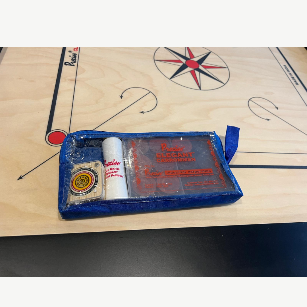 Carrom Zubehör im blauen Etui mit Sichtfenster