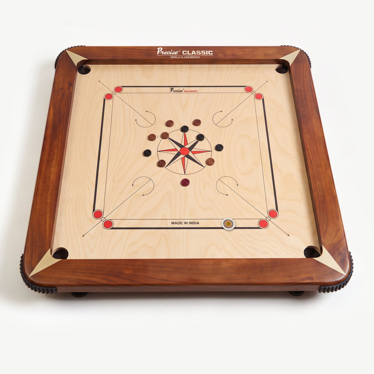 Precise Carrom Brett World-Class Edition mit Spielsteinen in Startaufstellung