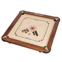 Precise Carrom Brett World-Class Edition mit walnussfarbenem Rahmen und Spielsteinen, Schrägansicht