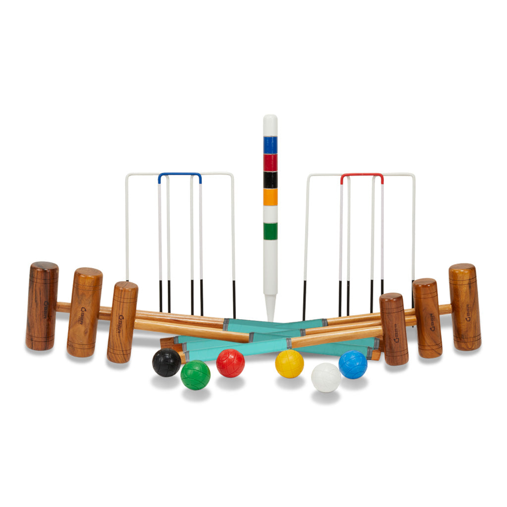 Familie Krocket Set - 6 Spieler - Eco Hartholz - 6 Farben - Stahltore - Komplett Crockett Spiel