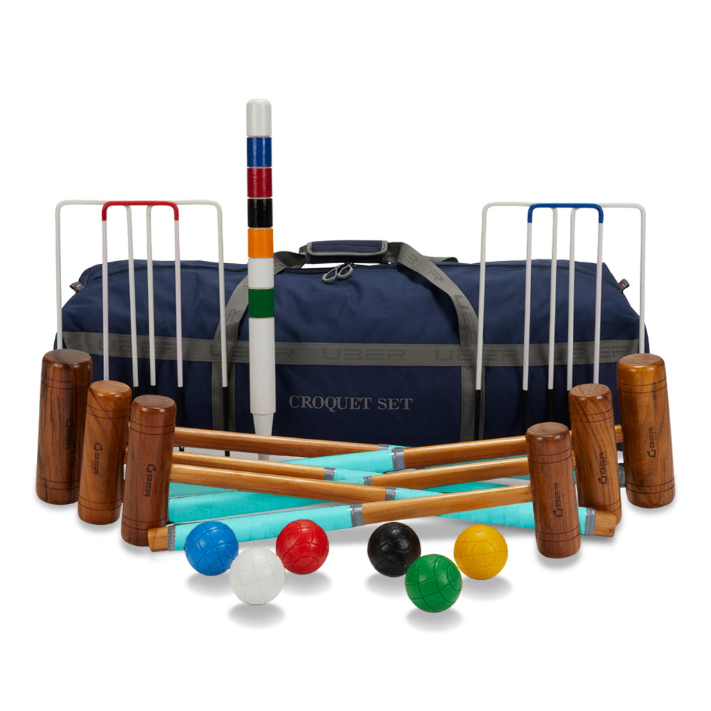 Familie Krocket Set - 6 Spieler - Eco Hartholz - 6 Farben - Stahltore - Komplett Crockett Spiel