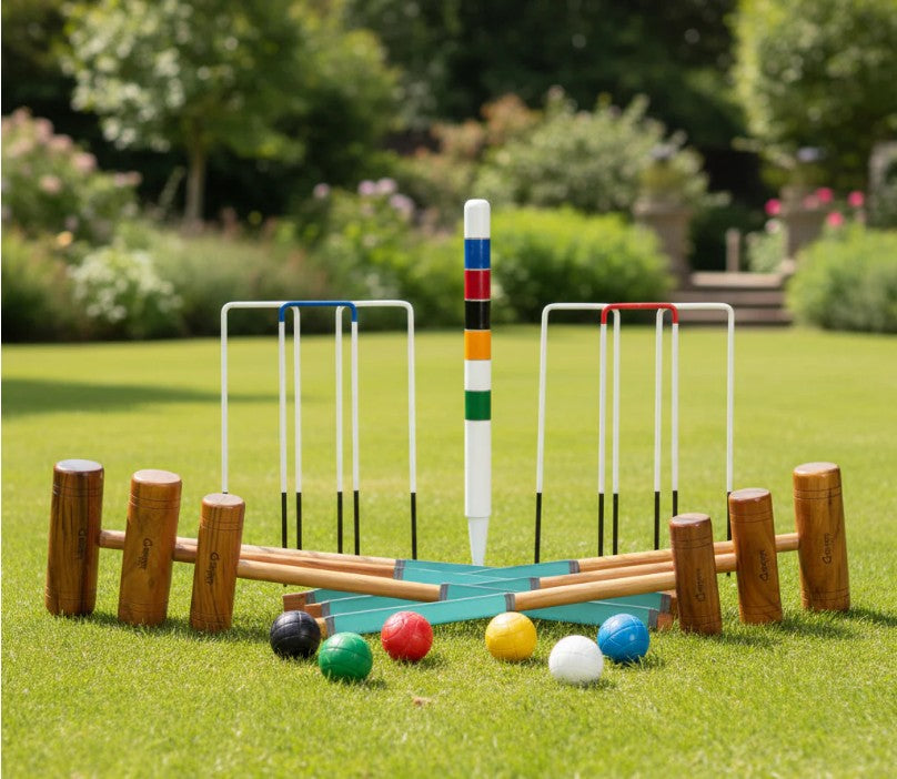 Familie Krocket Set - 6 Spieler - Eco Hartholz - 6 Farben - Stahltore - Komplett Crockett Spiel