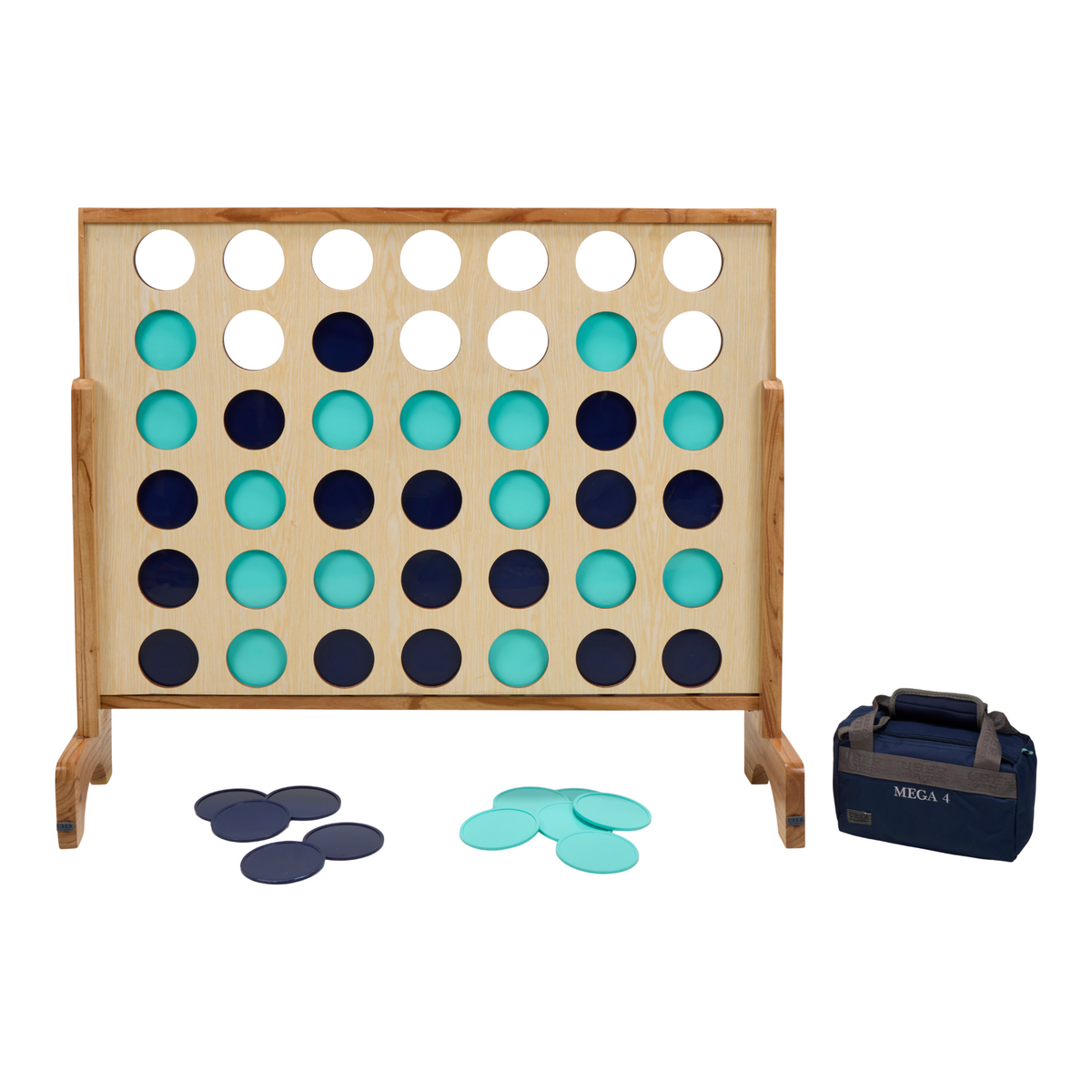 Mega 4-Gewinnt XL Hartholz 120 x 100 cm mit 42 Spielscheiben in Navy und Türkis und Scheibentasche, Vorderansicht