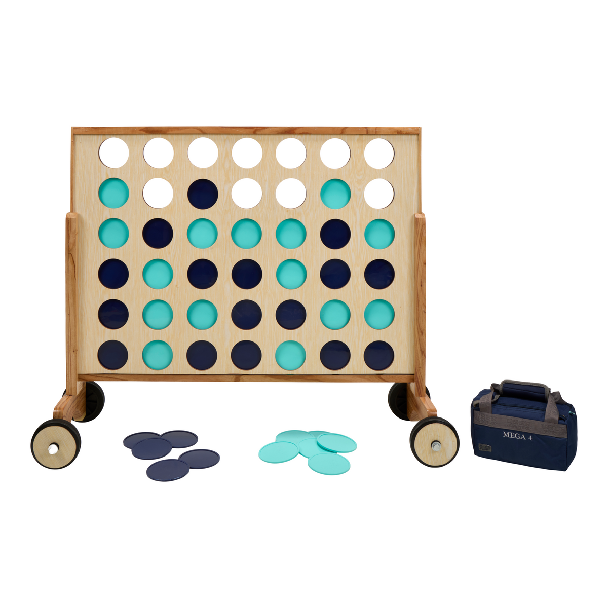 Mega 4-Gewinnt XL auf Rädern mit Spielscheiben in Navy und Türkis, Vorderansicht