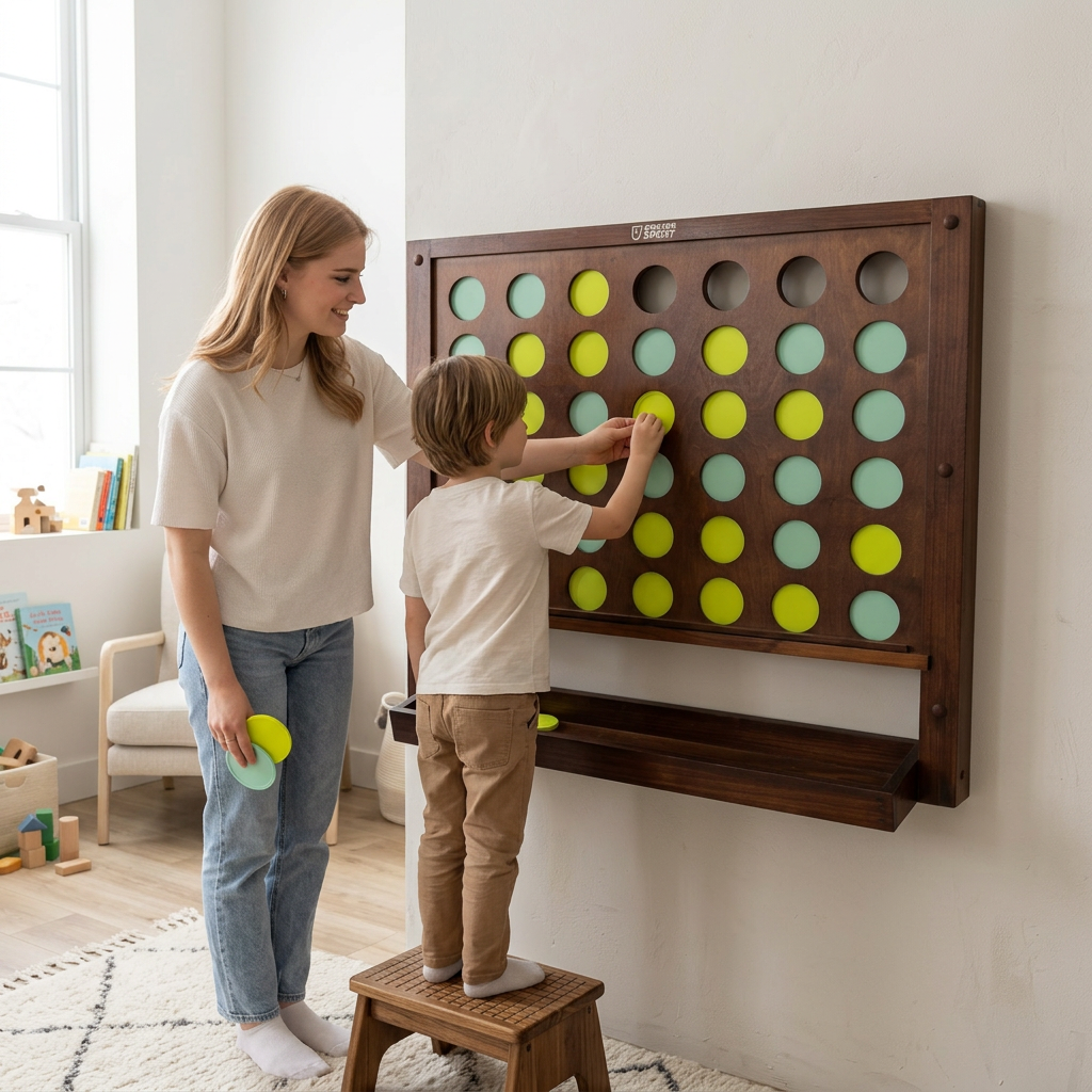 Wand-4-Gewinnt Spiel – Holz – 86x78 cm – Grün/Gelb – 9 cm Scheiben – inkl. Befestigungsmaterial
