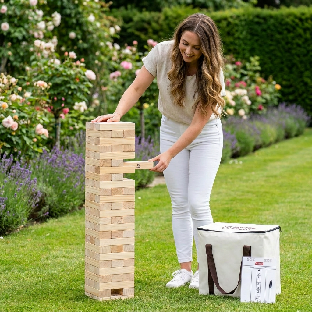 Stapelturm - Wackelturm Spiel bis zu 140 cm hoch - mit Punktetafel und in schöner Tragetasche
