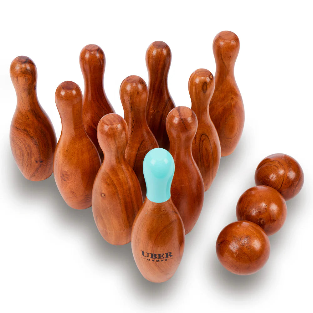 Uber hölzernes Kegel Set/Bowling- ECO Indien Hartholz in stabiler Transporttasche