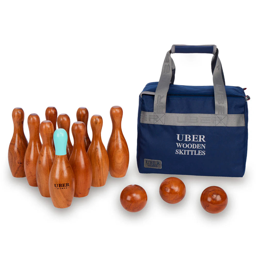 Uber hölzernes Kegel Set/Bowling- ECO Indien Hartholz in stabiler Transporttasche