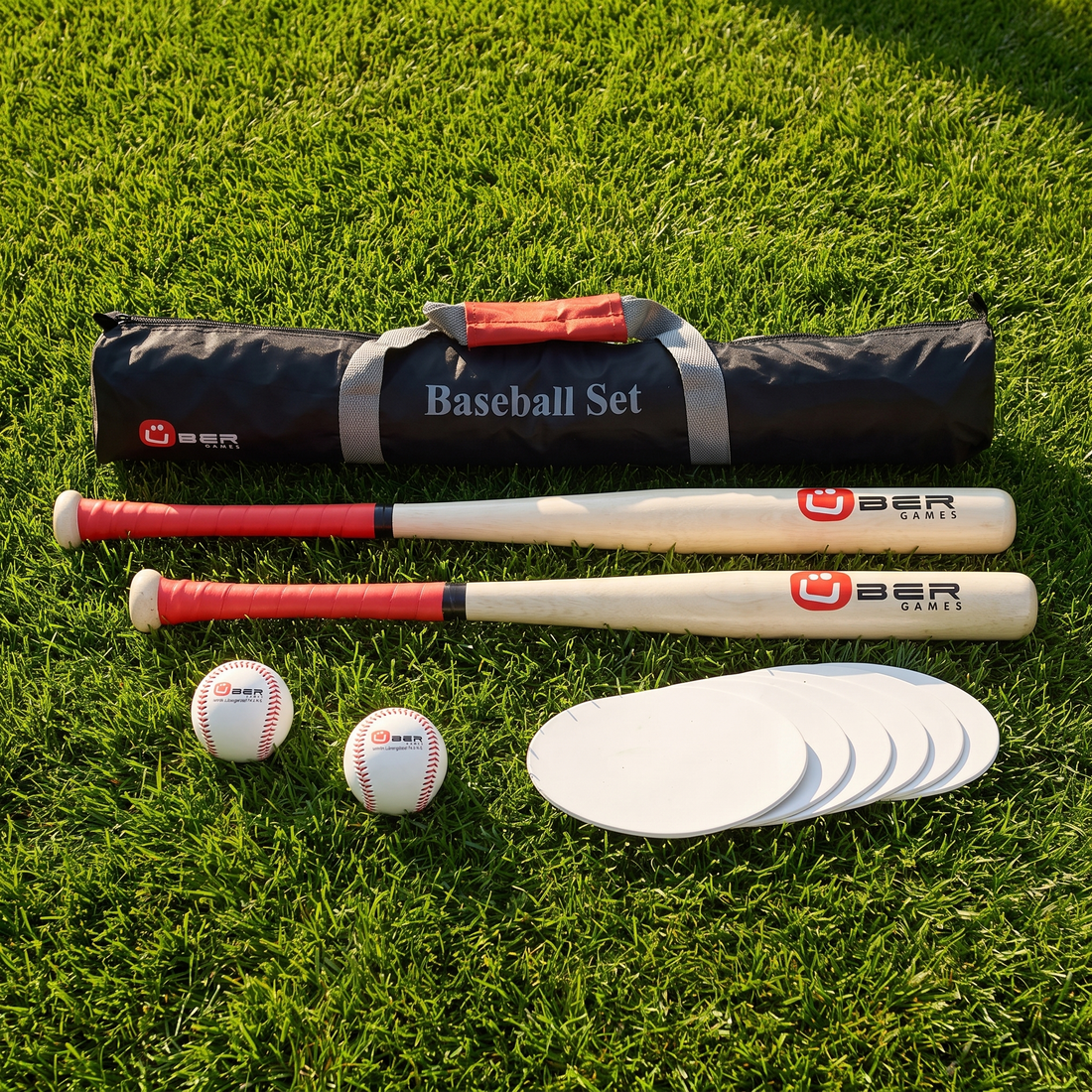 Baseball Set - ECO Indien Hartholz in Tasche - Spielfertig - Holz Baseballschläger mit Gummigriff - 2x Ball - 6x Gummimatte